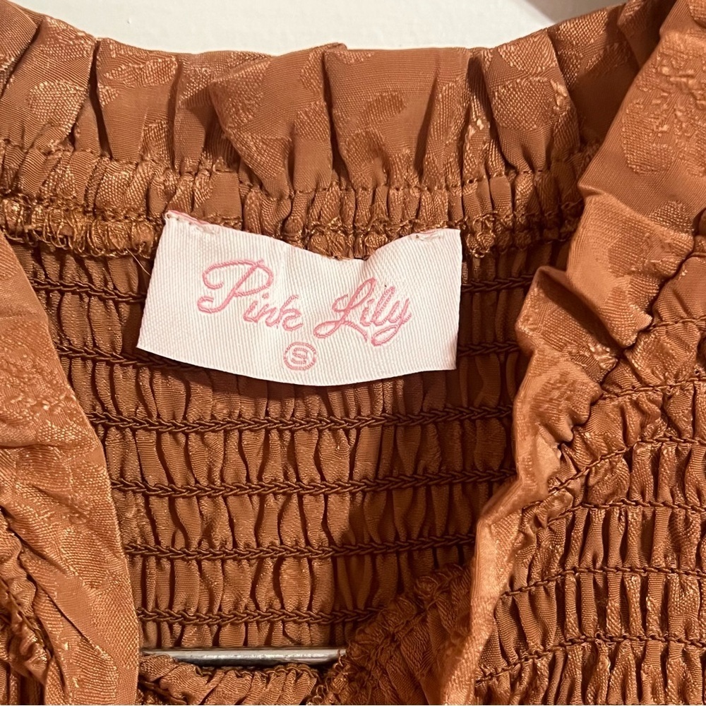 #184 Pink Lily Mockneck Terracotta Brown Smocked Fitted Dress Small - Picture 4 of 5